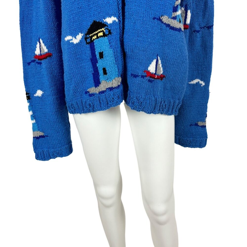 Vintage Lighthouse Cardigan Women's 2X Blue Novelty Nautical Sailboats Handmade - Picture 5 of 12